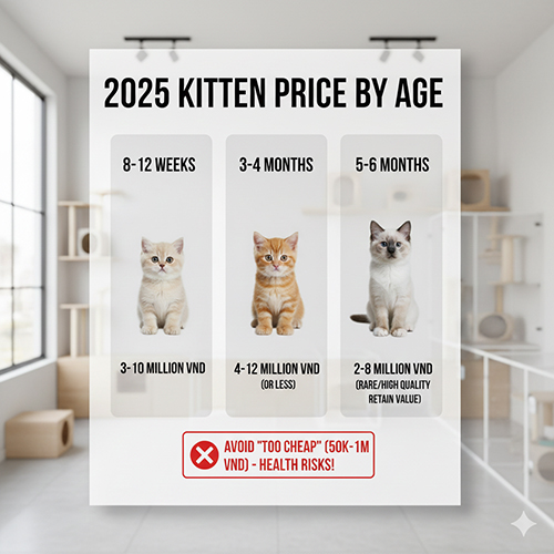 ảnh bảng giá mèo con theo tuổi gồm 8–12 tuần, 3–4 tháng và 5–6 tháng