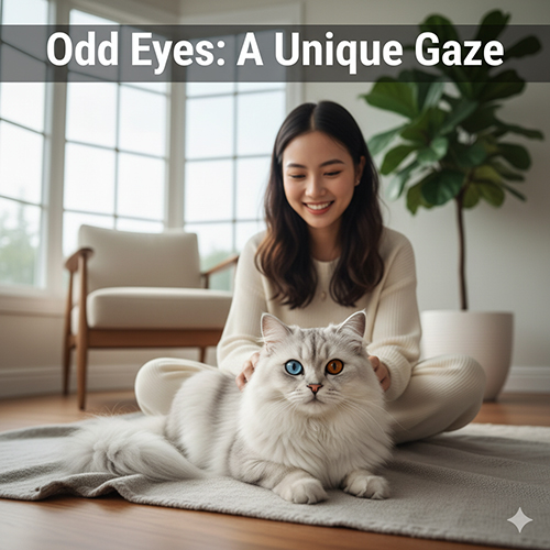 Mèo Anh lông trắng có đôi mắt hai màu xanh và vàng, nằm trên thảm xám bên cạnh cô gái mỉm cười trong căn phòng sáng tự nhiên.