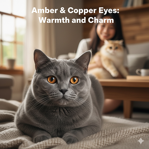 Mèo Anh lông xám với đôi mắt vàng đồng rực rỡ, chụp trong ánh sáng tự nhiên, phía sau là cô gái bế mèo lông vàng trên ghế sofa.