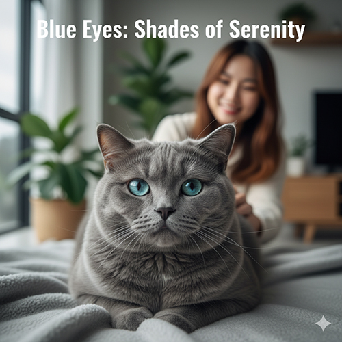 Mèo Anh lông xám có đôi mắt xanh trong veo, ánh sáng tự nhiên làm nổi bật sắc xanh blue pha lục, phía sau là cô gái mỉm cười nhẹ nhàng.