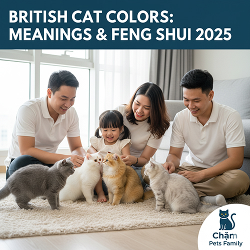 Gia đình trẻ cùng nhau chơi với nhiều chú mèo Anh lông ngắn và lông dài đủ màu sắc như xám, trắng, vàng và kem trong phòng khách sáng sủa