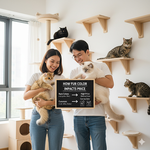 Cặp đôi bế mèo trong phòng leo trèo mèo, bảng “How Fur Color Impacts Price”, minh họa màu lông/pattern ảnh hưởng giá: màu hiếm giá cao, màu phổ biến dễ chi trả
