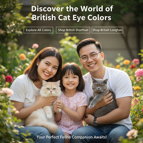 Gia đình ba người cùng hai chú mèo Anh lông ngắn và lông dài, chụp ngoài vườn hoa, thể hiện vẻ đẹp tự nhiên của các màu mắt mèo Anh.