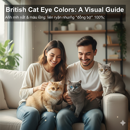 Mèo Anh lông ngắn với nhiều màu mắt khác nhau như xanh, vàng và odd eyes, chụp trong không gian sáng tự nhiên cùng cặp đôi trẻ yêu mèo.