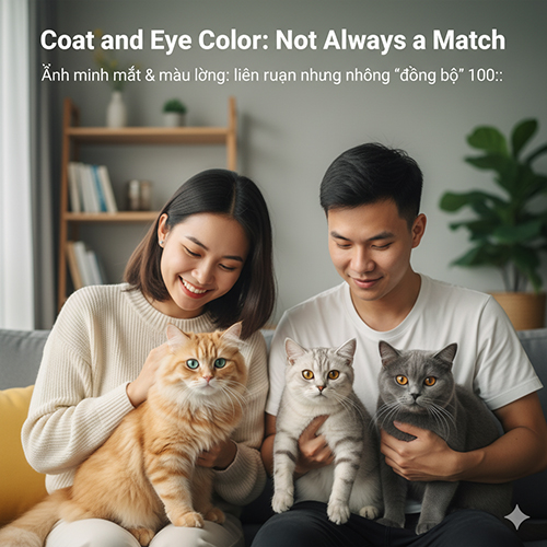 Cặp đôi trẻ đang ôm ba chú mèo Anh với các màu lông và màu mắt khác nhau, minh họa sự không đồng bộ giữa màu mắt và màu lông ở giống mèo Anh.