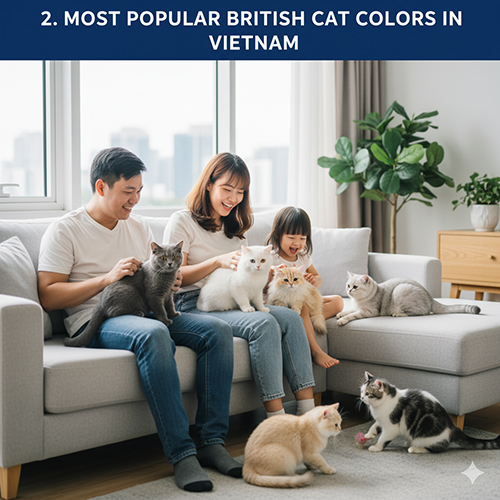 Gia đình Việt vui đùa cùng nhiều chú mèo Anh đủ màu như xám, trắng, vàng kem và silver trong phòng khách sáng sủa, thân thiện