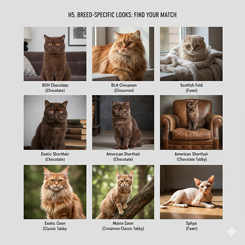 Các giống mèo phổ biến với màu chocolate cinnamon và fawn như Anh lông ngắn Scottish Maine Coon Sphynx