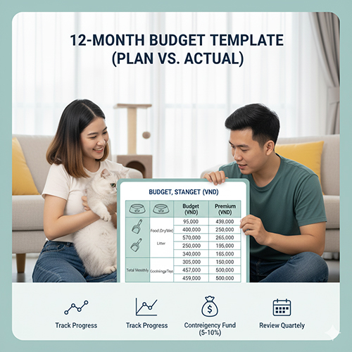 Cặp đôi ngồi cùng mèo Anh lông ngắn, cầm bảng minh họa mẫu ngân sách 12 tháng với các hạng mục chi tiêu dự kiến và thực tế