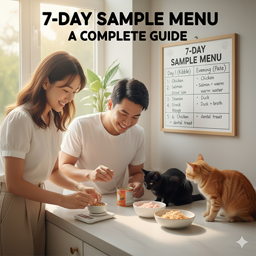 Cặp đôi chuẩn bị bữa cho ba mèo bên quầy bếp, bát hạt và pate, bảng “7-Day Sample Menu” treo tường — minh họa menu 7 ngày cho mèo trưởng thành ~4 kg.
