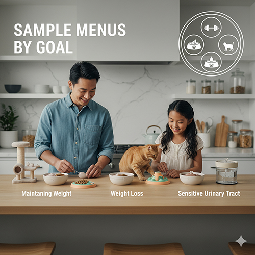 Người cha và con gái chuẩn bị thức ăn cho mèo trên bàn bếp, có các bát đồ ăn khác nhau minh họa menu theo mục tiêu: giữ cân, giảm cân, tiết niệu nhạy cảm.