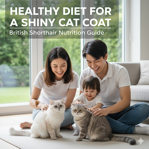 Gia đình vui vẻ vuốt ve hai chú mèo Anh lông ngắn có bộ lông mượt mà trong phòng khách sáng sủa.