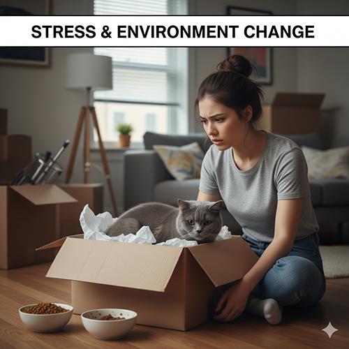 Cô gái ngồi cạnh mèo Anh lông ngắn trong thùng carton, minh họa việc mèo bị stress khi thay đổi môi trường sống
