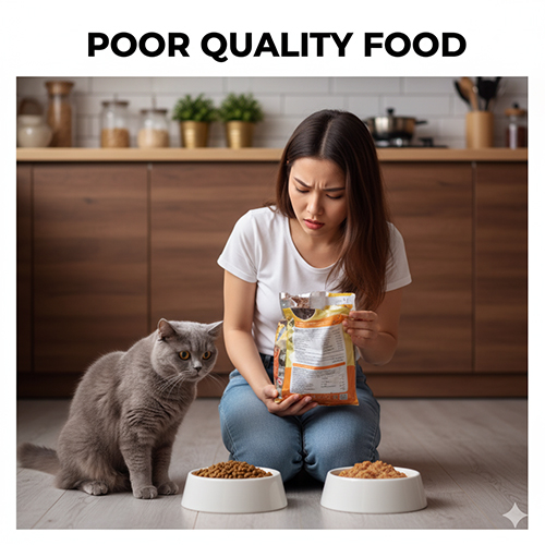 Cô gái nhìn túi hạt cho mèo với vẻ bối rối, trong khi mèo Anh lông ngắn từ chối ăn