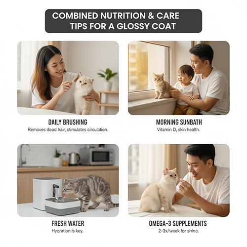 Hình ảnh hướng dẫn chăm sóc mèo Anh lông ngắn với các hoạt động chải lông, tắm nắng, uống nước và bổ sung omega-3.