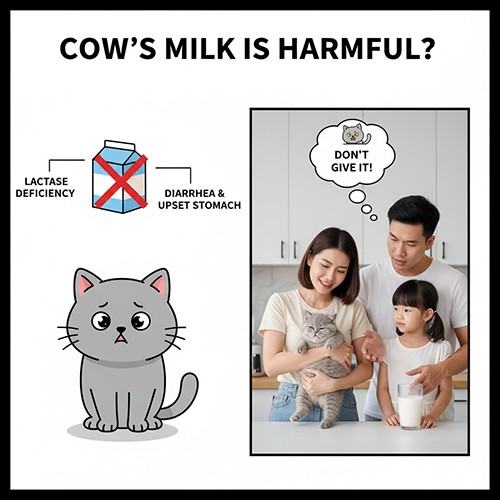 Minh họa về việc sữa bò có thể gây hại cho mèo Anh lông ngắn, với biểu tượng mèo bị đau bụng và gia đình ngăn không cho mèo uống sữa.