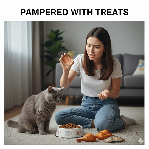 Cô gái ngồi trước mèo Anh lông ngắn, cầm hộp pate và tỏ vẻ bất lực khi mèo chỉ chọn món ngon