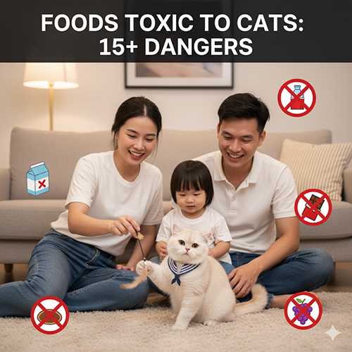 Gia đình vui vẻ chơi cùng mèo Anh lông ngắn trong phòng khách, xung quanh có biểu tượng cảnh báo các thực phẩm độc hại cho mèo như sữa, chocolate, nho và hành tỏi.