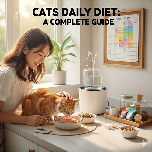 Mèo vàng đang ăn pate trong bếp, cạnh máy phun nước và bát hạt khô, có bảng lịch tuần — minh họa bài