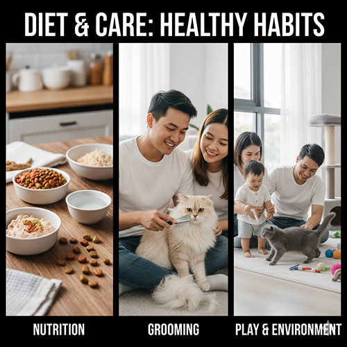 Ba hình ảnh minh họa chế độ dinh dưỡng, chải lông và vui chơi của mèo Anh trong gia đình Việt, thể hiện thói quen chăm sóc giúp mèo khỏe mạnh và hạnh phúc