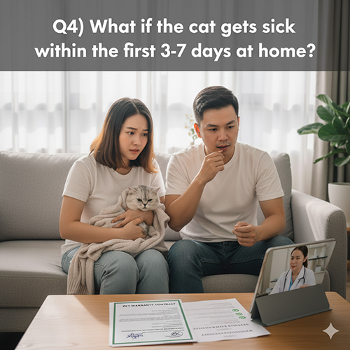 Cặp đôi lo lắng ôm mèo Anh đang ốm và gọi video cho bác sĩ thú y, minh họa cho hướng dẫn xử lý khi mèo bị bệnh trong 3–7 ngày đầu về nhà