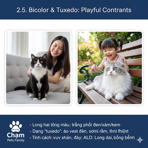Một cô gái vuốt ve mèo Anh tuxedo màu đen trắng và bé gái chơi với mèo Anh bicolor trắng xám trong vườn hoa rực rỡ