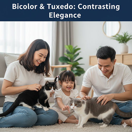 Gia đình trẻ vui đùa với hai chú mèo Anh màu bicolor và tuxedo trong phòng khách sáng sủa, thể hiện sự tương phản màu sắc trắng đen và trắng xám