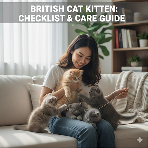 Cô gái trẻ vui vẻ chơi đùa cùng đàn mèo Anh lông ngắn và lông dài con trong phòng khách sáng sủa, thể hiện hướng dẫn chăm sóc và checklist khi nhận mèo con