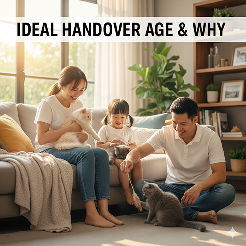 Gia đình trẻ vui vẻ xem checklist bàn giao khi đón mèo Anh con, thể hiện quy trình nhận mèo đúng chuẩn và an toàn