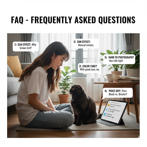 Cô gái ngồi trò chuyện cùng mèo Anh đen trong phòng sáng tự nhiên, cạnh máy tính bảng hiển thị phần câu hỏi thường gặp về mèo đen.