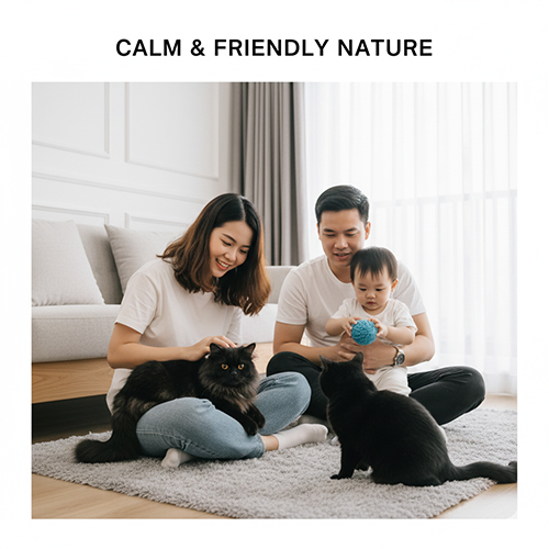 Gia đình nhỏ vui vẻ chơi cùng mèo Anh lông đen trong phòng khách sáng sủa, thể hiện tính cách điềm tĩnh và thân thiện của giống mèo này.