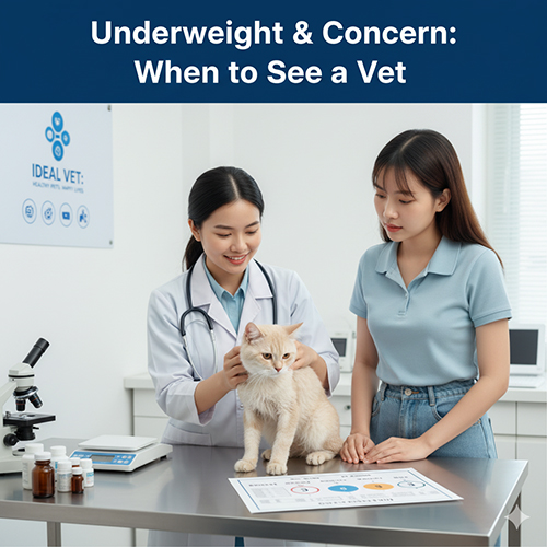 Bác sĩ thú y đang kiểm tra mèo Anh lông dài trên bàn khám, chủ mèo đứng bên cạnh lắng nghe tư vấn về tình trạng gầy.