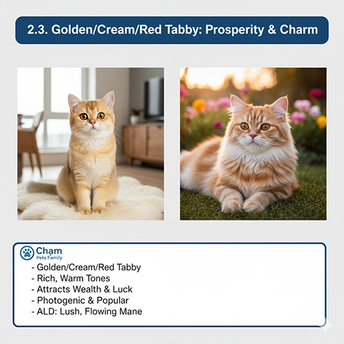 Hai chú mèo Anh màu golden và red tabby ngồi trong không gian sáng ấm, ánh nắng vàng phản chiếu làm nổi bật bộ lông óng ả
