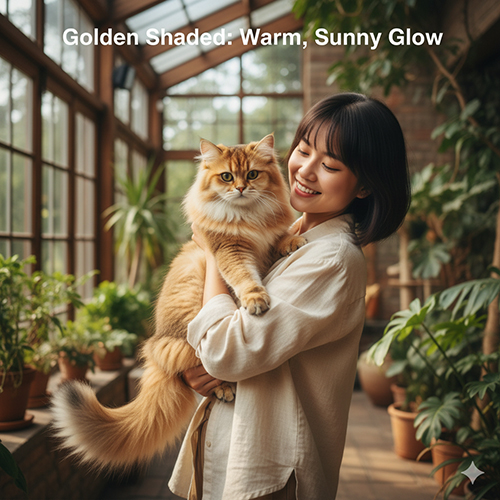 Cô gái mỉm cười bế mèo Anh lông dài màu golden shaded trong nhà kính tràn ngập ánh nắng, khung cảnh ấm áp và rực rỡ.