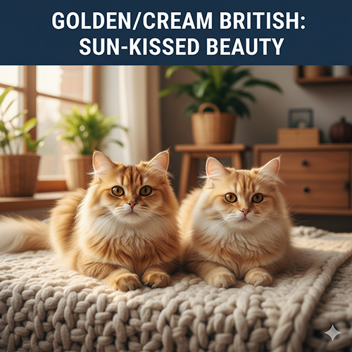 Hai chú mèo Anh lông dài màu golden và cream nằm cạnh nhau trên tấm chăn len trong phòng có ánh nắng ấm áp và cây cảnh trang trí