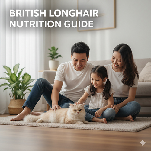 Gia đình vui vẻ vuốt ve mèo Anh lông dài trong phòng khách, minh họa cho bài viết hướng dẫn dinh dưỡng theo độ tuổi.