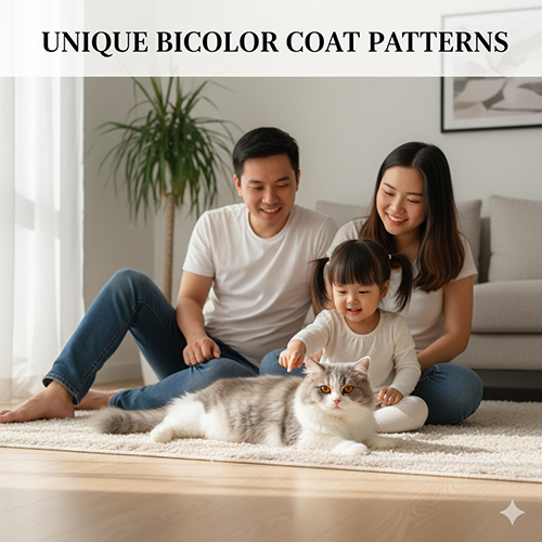 Đặc điểm ngoại hình mèo Anh lông dài Bicolor với bộ lông hai màu mềm mượt và họa tiết độc đáo