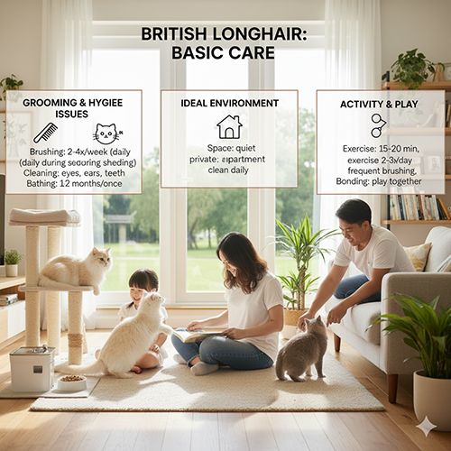 Gia đình trẻ Việt Nam chăm sóc và chơi đùa cùng mèo Anh lông dài trong phòng khách, minh họa các nguyên tắc chăm sóc cơ bản cho giống mèo này