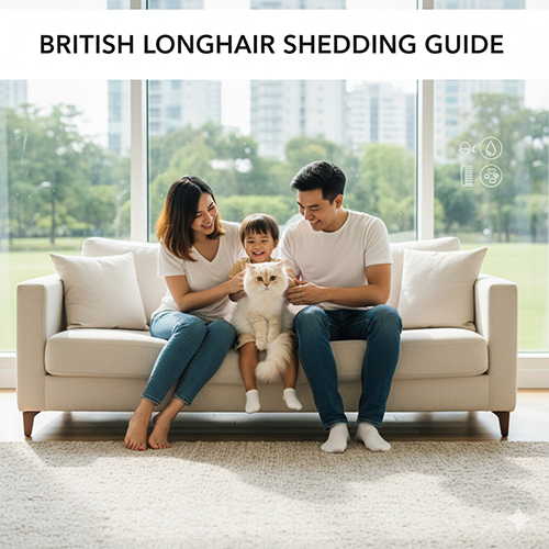 Gia đình ngồi trên sofa vuốt ve mèo Anh lông dài, minh họa chủ đề về rụng lông và chăm sóc bộ lông.