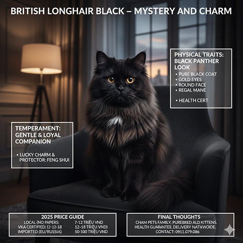 Mèo Anh lông dài đen – giống mèo quý phái với bộ lông đen tuyền và ánh mắt vàng cuốn hút