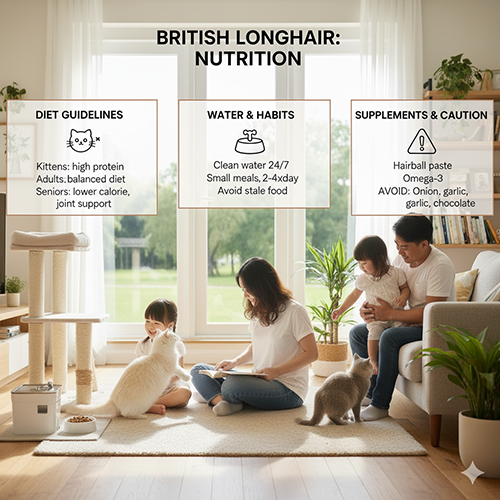 Gia đình Việt Nam cho mèo Anh lông dài ăn trong phòng khách, minh họa chế độ dinh dưỡng cân bằng giúp mèo khỏe mạnh và lông mượt