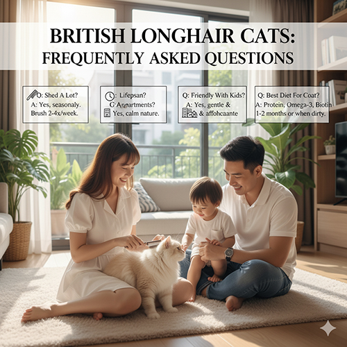 Gia đình Việt Nam chơi với mèo Anh lông dài trong phòng khách, minh họa phần câu hỏi thường gặp về rụng lông, tuổi thọ và cách chăm sóc giống mèo này