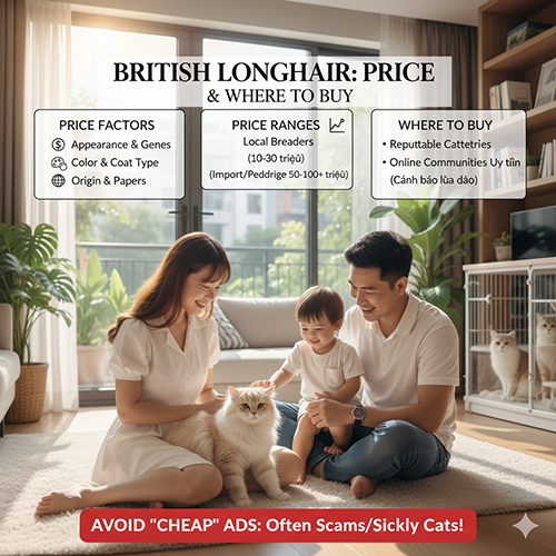 Gia đình Việt Nam chơi cùng mèo Anh lông dài trong phòng khách, kèm bảng thông tin về giá, yếu tố ảnh hưởng và nơi mua uy tín của giống mèo này