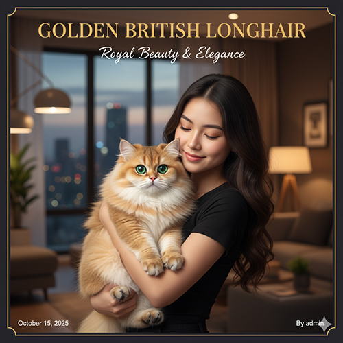 Mèo Anh lông dài Golden – giống mèo sang trọng với bộ lông vàng óng và đôi mắt xanh ngọc quyến rũ