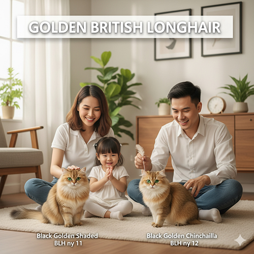 Mèo Anh lông dài golden – gam màu hiếm, sang trọng với hiệu ứng shaded và tipped, mắt xanh ngọc ấn tượng