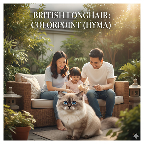 Mèo Anh lông dài Hyma (Colorpoint) – thân sáng, mặt tai đuôi tối và đôi mắt xanh sapphire quyến rũ.