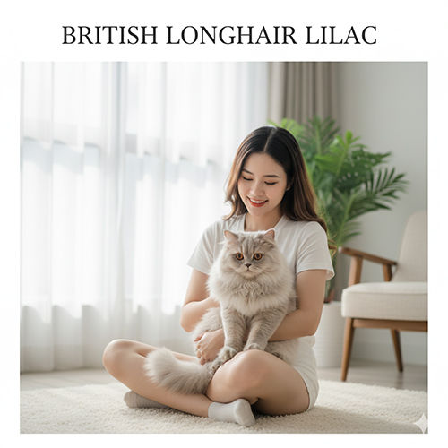 Mèo Anh lông dài màu Lilac – sắc xám ánh hồng hiếm, biểu tượng của sự tinh tế và sang trọng.