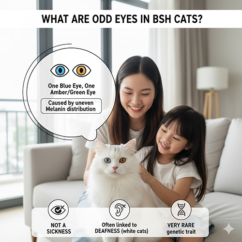 Mẹ và bé gái vuốt ve mèo Anh lông dài trắng mắt 2 màu xanh – vàng – minh họa đặc điểm odd eyes ở mèo British Longhair