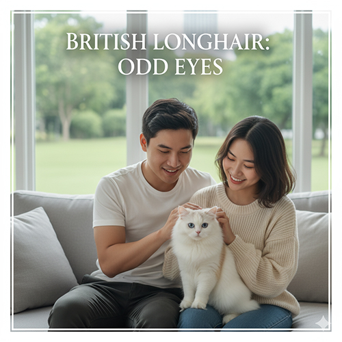 Mèo Anh lông dài mắt 2 màu (Odd Eyes) – một mắt xanh, một mắt vàng hiếm, biểu tượng của sự độc nhất và may mắn.