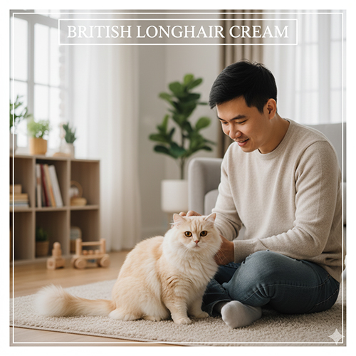 Mèo Anh lông dài màu Kem (Cream) – sắc vàng nhạt pha trắng, nhẹ nhàng và thanh lịch.