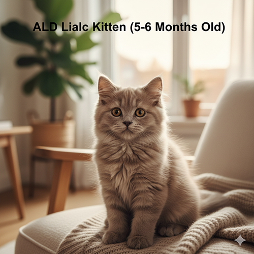 Mèo Anh lông dài màu lilac khoảng 5–6 tháng tuổi ngồi trên ghế trong phòng khách ấm cúng, ánh sáng cửa sổ làm nổi bật nền be pha olive nhẹ.